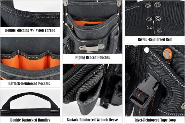 Original Leather Carpenter Tool Belt with Customized Suspender 17-Pocket Professional Framers Tool Pouch - Image 6